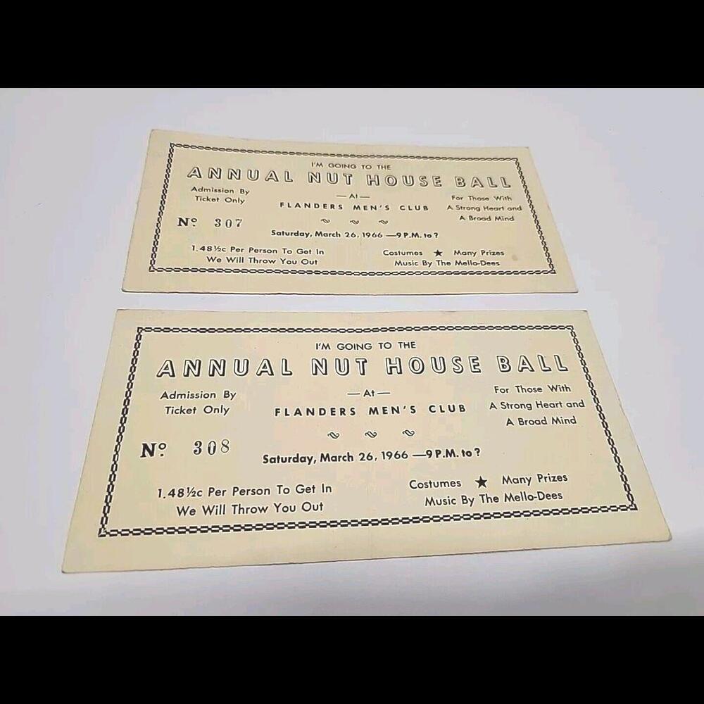 2-Vintage 1966 FLANDERS MENS CLUB Annual Nuthouse Ball  Ticket Stationary